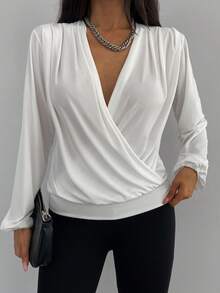EURMUSE Wrap Front Bishop Sleeve Blouse - trắng - Xem 7