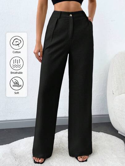 SHEIN Tall 100%Cotton Tall Women's Solid Slant Pocket Straight Leg Pants