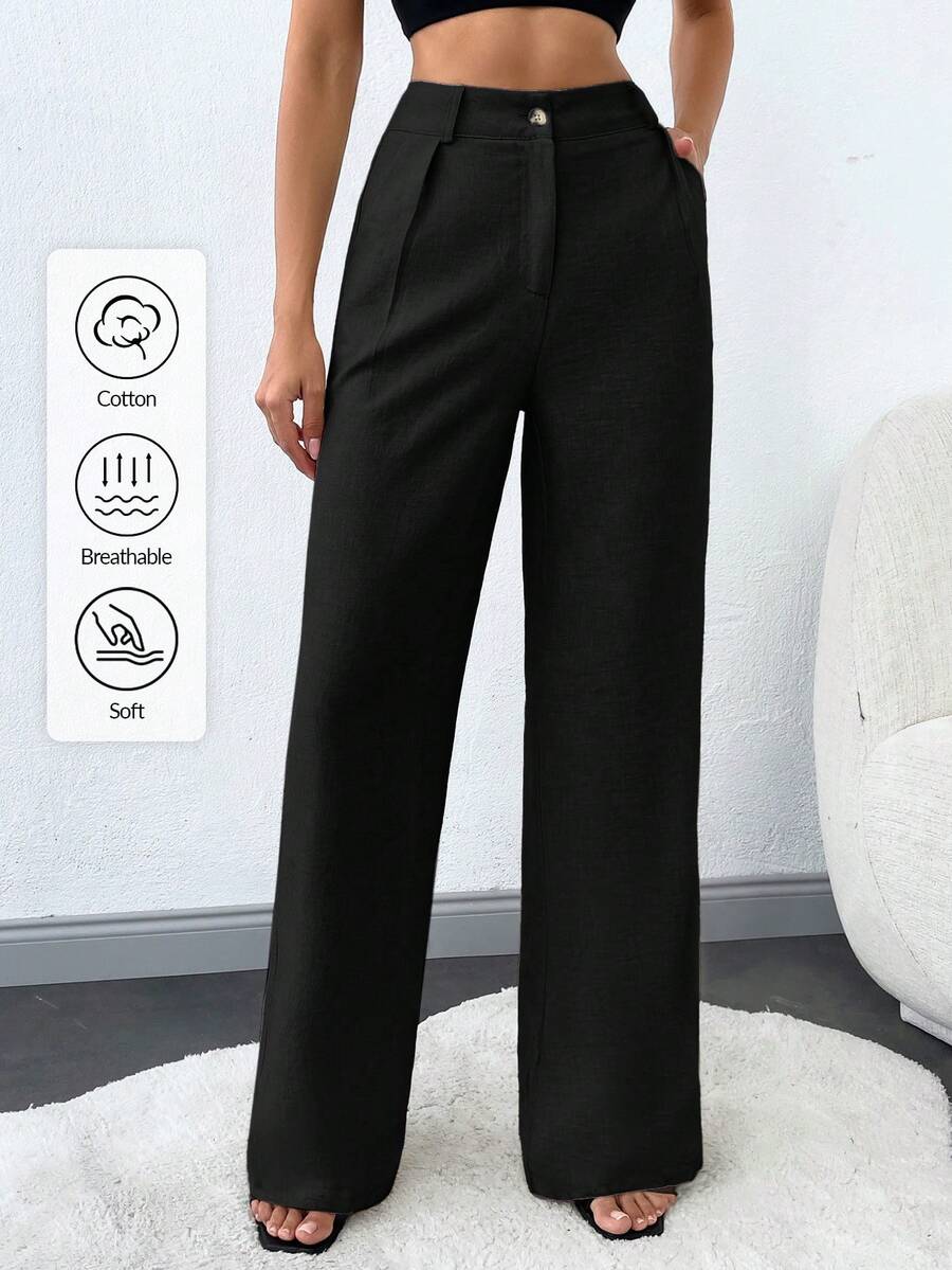 100%Cotton Women's Solid Slant Pocket Straight Leg Pants - Black - View 1