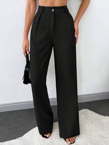100%Cotton Women's Solid Slant Pocket Straight Leg Pants - Black - View 5