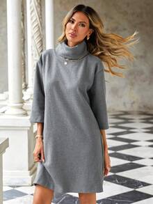 EURMUSE 素色高領落肩T恤連衣裙 - 灰色 - 查看 3