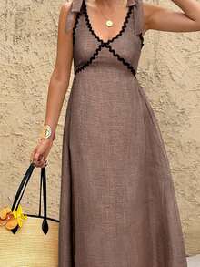 SHEIN Frenchy Đầm nữ mùa hè kiểu dáng thường ngày, thoải mái, phối ren sóng tương phản, xếp ly, buộc dây vai, hở lưng. - màu nâu - Xem 8