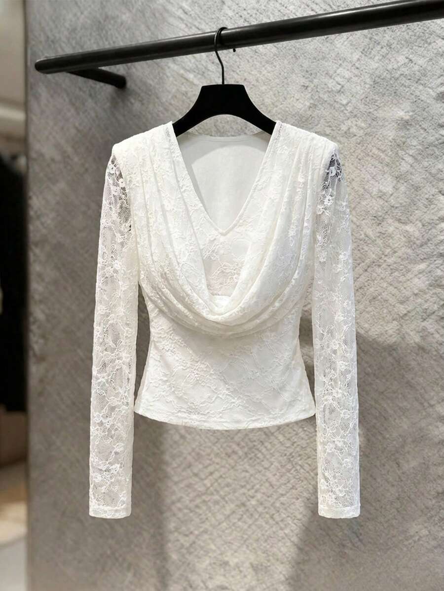 Modelyn 休闲纯色蕾丝长袖修身女式T恤 - 白色 - 查看 1