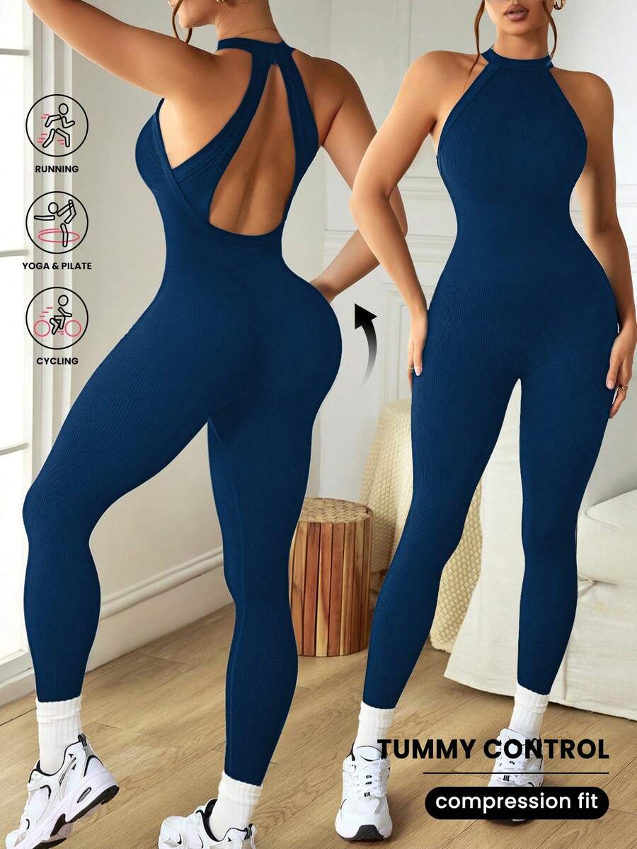 Slayform Women's Solid Color Backless Elastic Seamless Sports Jumpsuit, Summer - Navy Blue - View 1