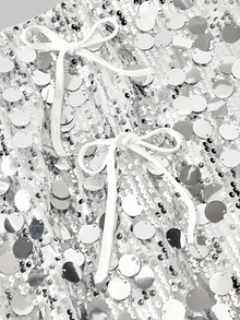 SHEIN MOD 大码时尚分叉蝴蝶结亮片装饰半身裙，派对半身裙，情人节款 - 銀色 - 查看 3