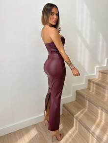 Manon Tanti 女士时尚性感纯色抹胸修身连衣裙 - 紅色 - 查看 5