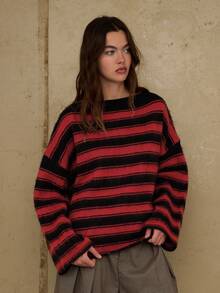 COUREZ 超大号条纹套头衫/ Y2K 秋冬女装朋克风毛衣舒适冬季外出长袖上衣新年 - 黑色 - 查看 2