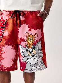 TOM & JERRY X SHEIN Men's Summer Casual Tie-Dye Cartoon Pattern Drawstring Waist Shorts - Red - View 5