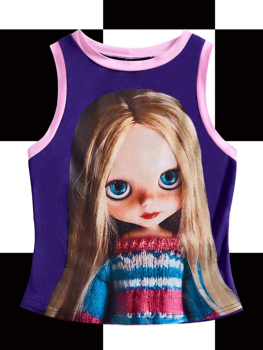 Shutterstock Y2Kool Women's Purple And Pink Spring/Summer Sexy Hot Girl Y2K Millennial Style Purple Casual Anime Doll Print Color-Blocked Trimmed Round Neck Slim-Fit Purple Tank Top Women Birthday For Women Carnival,Valentine's Day - Purple - View 1
