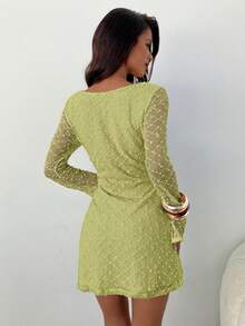 Aloruh Women's Elegant Square Neck Ruched Flare Sleeve Fitted A-Line Mini Dress Light Green Dress