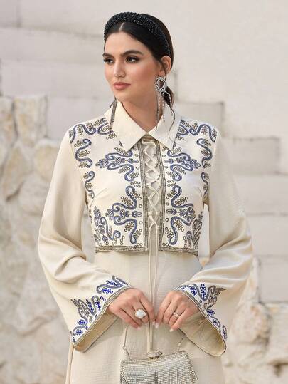 Al Najma Elegant Arabic-Style Dress With Tie-Waist And Bell Sleeves For Women Abaya Arabic-Style Long Kaftan Robe, Arabic Women's Dress, Turkish Dress, Abaya Robe, Traditional Women's Dress Arabic Style Long Dress Kaftan Jalabiya Dress Arabic Dress For Women Turkish Dress Abaya Dress Abaya For Women