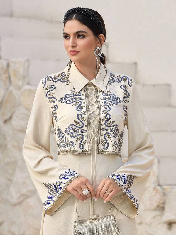 Al Najma Elegant Arabic-Style Dress With Tie-Waist And Bell Sleeves For Women Abaya Arabic-Style Long Kaftan Robe, Arabic Women's Dress, Turkish Dress, Abaya Robe, Traditional Women's Dress Arabic Style Long Dress Kaftan Jalabiya Dress Arabic Dress For Women Turkish Dress Abaya Dress Abaya For Women