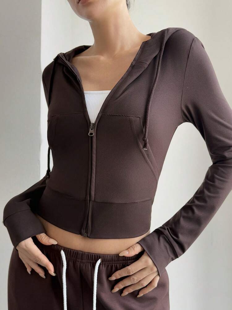 Women's Minimalist Solid Color Outdoor Zip-Up Drawstring Hooded Cropped Sports Jacket