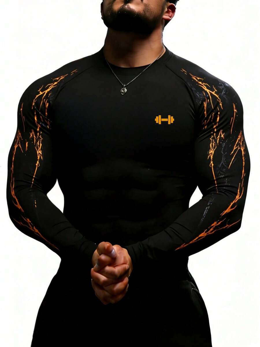 Manfinity Sport PWRUP Men's Minimalist Print Long Sleeve Athletic T-Shirt - Black - View 1