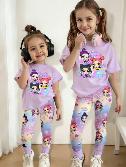 SHEIN 2 piezas Conjunto de camiseta corta y leggings con estampado gráfico de personaje de grupo virtual de chicas, estrella de cinco puntas, luna, corazón, diamante y degradado, de estilo casual y moderno, cómodo para uso diario, adecuado para verano y otoño