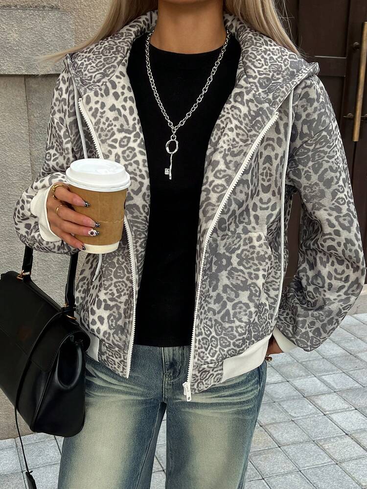 Women's Fashionable Leopard Print Hoodie Sweatshirt Long Sleeve