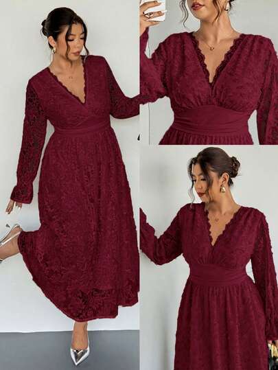 Firerie Plus Size Elegant Solid Color Lace Long Dress, Suitable For Commuting