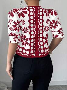 Elenzga Plus Size Bowknot Colorblock Short Sleeve Shirt With Digital Print, Unique Design, Vacation Style - Red and White - View 2