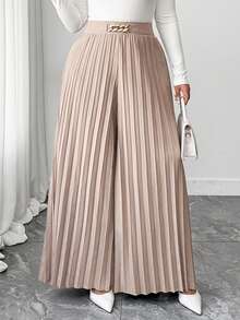 Elenzga Quần dài ống đứng xếp ly cạp cao trang trí dây xích vàng dành cho nữ cỡ lớn, thích hợp mặc đi làm hoặc đi học, mùa xuân/hè. - Lạc đà - Xem 4