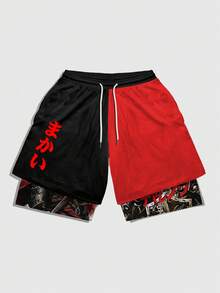 ROMWE MEN Anime 撞色弹力腰抽绳休闲百搭夏季短裤 - 彩色 - 查看 6