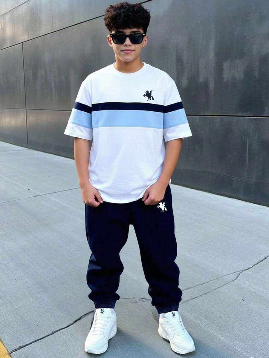 Tween Boy Casual Minimalist, Fashion Classic, Cool Style, Pony Logo, American Retro, Sporty, Color Block, Comfortable Round Neck Short Sleeve T-Shirt And Pants Set, Suitable For Street Style, Home, School