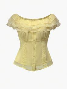 Glimmora Women's Double-Layer Ruffle Lace Trim Polka Dot Off-Shoulder Yellow Blouse - Yellow - View 3