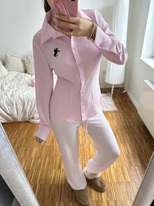 SHEIN EZwear 女士新款刺绣装饰粉色修身长袖衬衫 - 粉色 - 查看 4