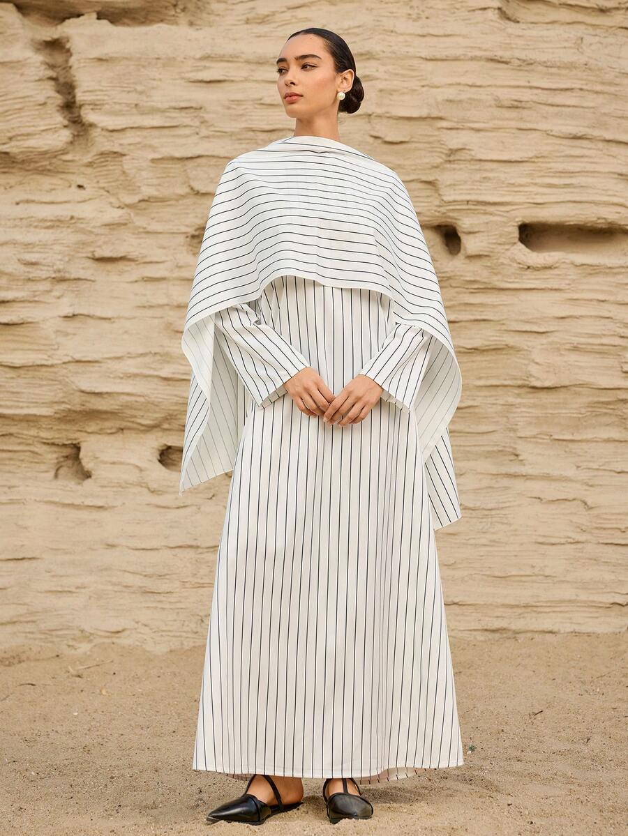 Graceveil Women's New Elegant Casual Minimalist Daily Commute Vacation College Style Black & White Striped Print Scarf Shawl Wrap, Comfortable Loose Arabic Dress - White - View 1