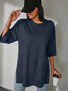 EURMUSE Solid Drop Shoulder Split Hem Tee - Navy Blue - View 3