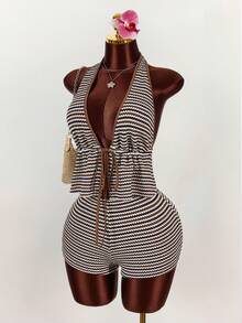 Amplova Plus Size Textured Striped Halter Neck Crop Top And Low Waist Shorts 2 Piece Set - Brown - View 4