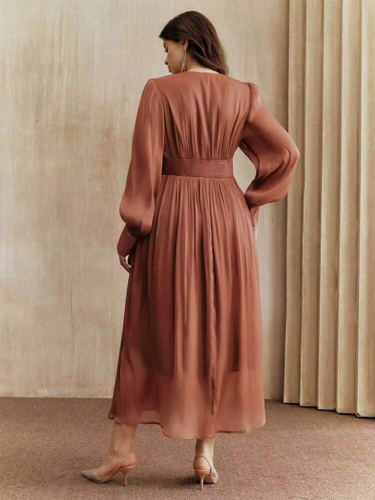 Valentine Vintage French V-Neck Lantern Sleeve Long Dress With Waist Tie And Pleated Loose Elegant Dress