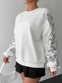 EURMUSE Cotton Floral Print Raglan Sleeve Sweatshirt - White - View 5