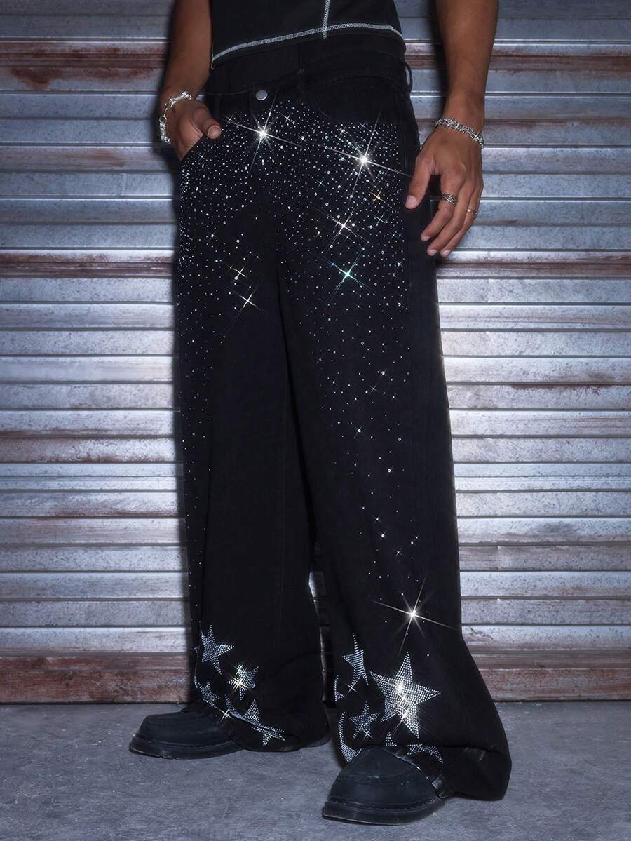 AXEPEAK Men's Washed Rhinestone Embellished Pants, High-End Stylish Trousers - Black - View 1