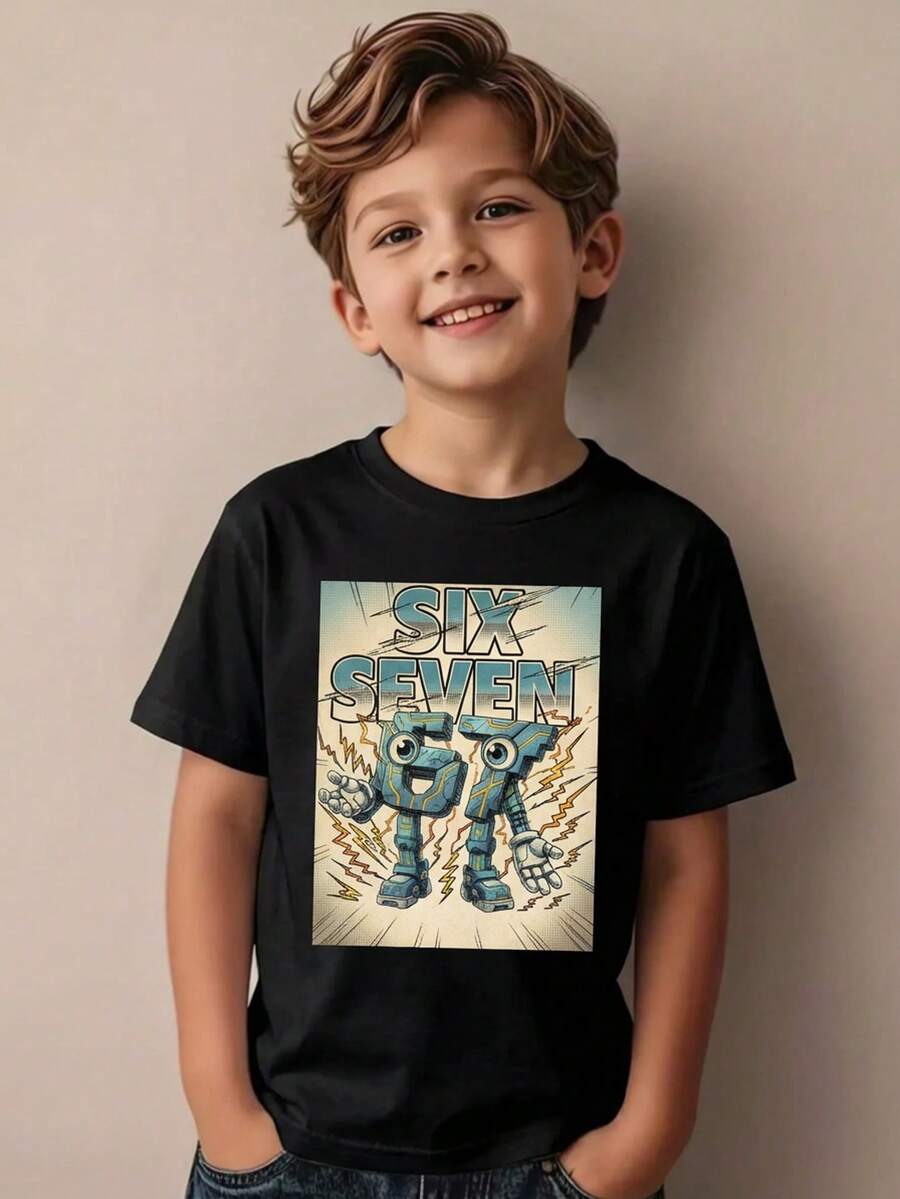 Playera para niño estilo urbano con estampado de cómic algodón suave corte holgado manga corta verano uso escolar y al aire libre playera - Negro - Ver 1