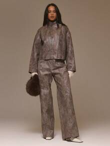 MUSERA Snake Print Faux Leather High Neck Asymmetrical Button Jacket Cool Girl, Streetstyle, Cute, , , Winter, Amplify Spring - Multicolor - View 5