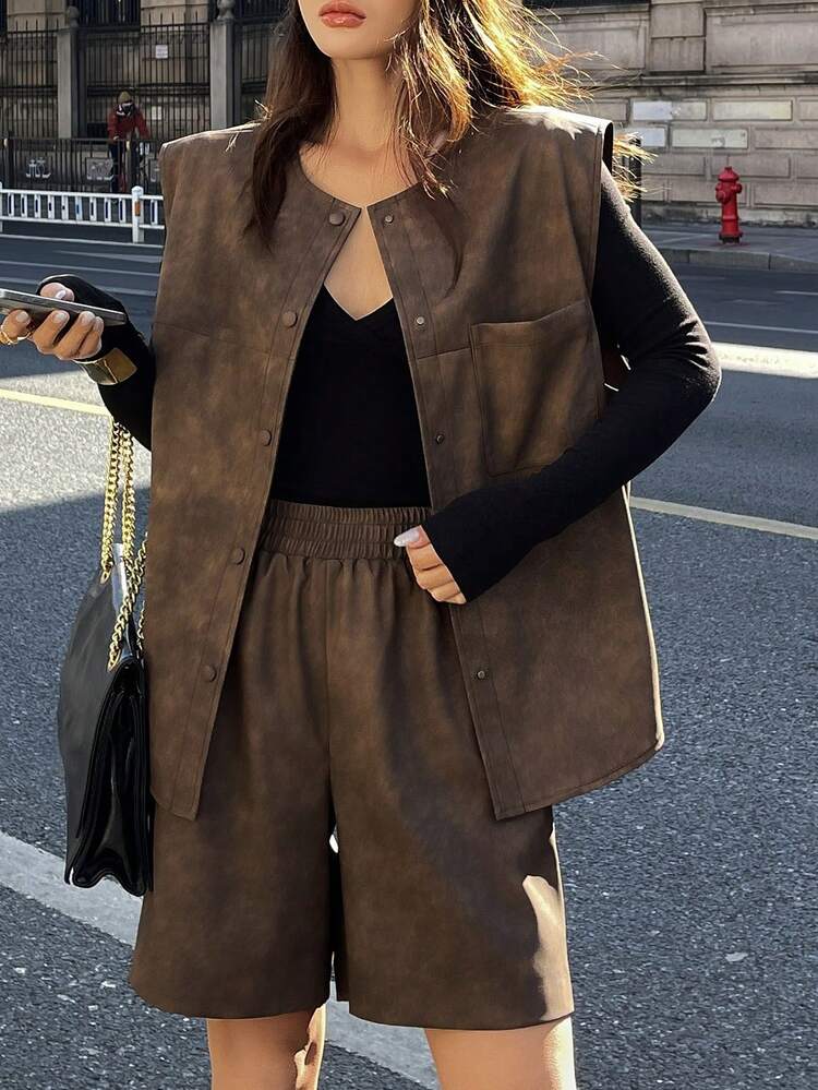 Women's Solid Color Minimalist Sleeveless Top And Shorts 2-Piece Set, Casual Daily Wear