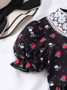 SHEIN Vestido floral digital de niña preadolescente, base blanca, decoración de flores en el cuello, mangas abultadas, elegante para vacaciones de verano - Negro - Ver 5