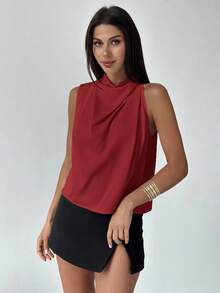 Firerie 女士优雅时尚新款通勤办公日常度假音乐节不对称褶皱杏色衬衫，春夏款 - 紅色 - 查看 4