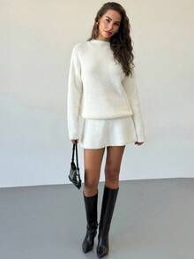 Aloruh Women's Autumn/Winter New Stand Collar Raglan Sleeve Loose Pullover Knit Top And Mini A-Line Skirt 2-Piece Set, Vintage Style For Daily Wear - White - View 3