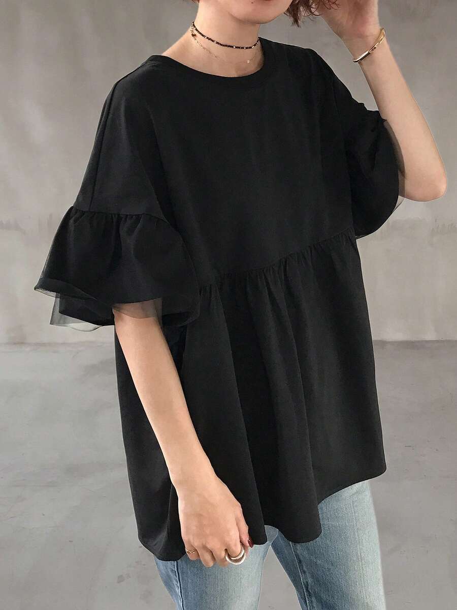 FRIFUL 女士休闲撞色网纱荷叶边短袖T恤，夏季 - 黑色 - 查看 1