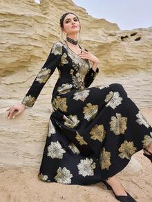 Al Najma Women's Elegant Floral Print V-Neck Arabic Style Dress, Autumn - Multicolor - View 1