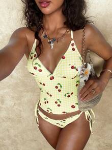 Swim Glamine Sweet Cherry Plaid Bikini Set - Light Yellow - View 6