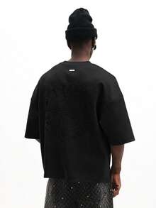 SUMWON 常规款男士压纹十字细节短袖圆领T恤 休闲街头哥特风纯色 - 黑色 - 查看 4