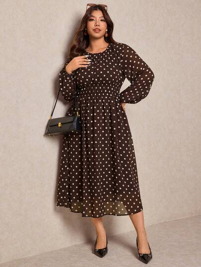Elaquor Plus Size Women Polka Dot Print Round Neck Lantern Sleeve Casual Dress For Spring, Spring Outfits Dress For Women