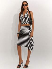 SHEIN BAE Women's Black And White Checkered Asymmetrical Striped Midi Skirt,Vintage Fashionable Commuter Work Midi Skirt,Autumn Seksi Chic Night Out Vacation - Black and White - View 8