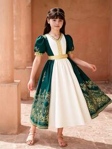 SHEIN 1 pieza Vestido elegante y lujoso para niñas con tela metálica tejida, encaje dorado y decoración con cuentas, cuello en V y mangas abullonadas, adecuado para uso diario, fiestas y banquetes - Verde Oscuro - Ver 8