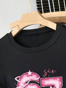 Sparklyn Tween Girls 67 Graphic Print Fitted Crop Top - Black - View 4