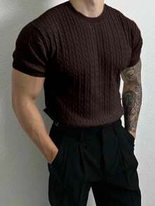 Manfinity Homme Męski top w jednolitym kolorze z okrągłym dekoltem i krótkim rękawem, dzianinowy splot kablowy - Czekoladowy brązowy - Zobacz 3