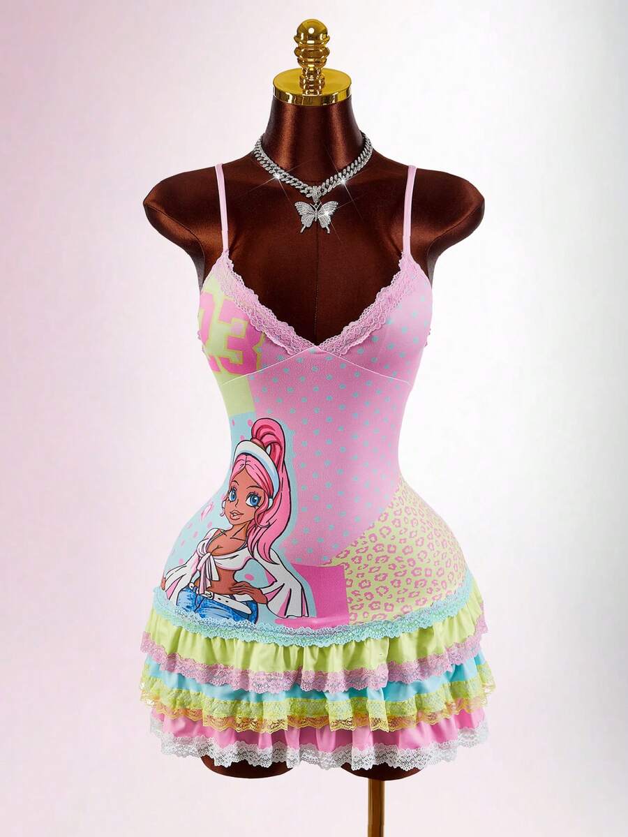 Amplova Vestido con tirantes finos de encaje y estampado Y2K con volantes en el bajo, en colores sexy rosa y morado - Multicolor - Ver 1