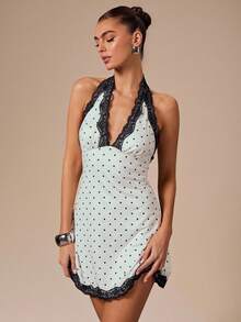 SHEIN BAE Váy ngắn không tay cổ chữ V khoét sâu gợi cảm dành cho nữ với họa tiết chấm bi trắng và viền ren đen, phù hợp cho mùa xuân/hè - Đen và trắng - Xem 3